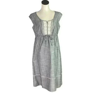Eddie Bauer Dress Women 10 Gray Striped Drawstring Cotton Lace Sleeveless Casual